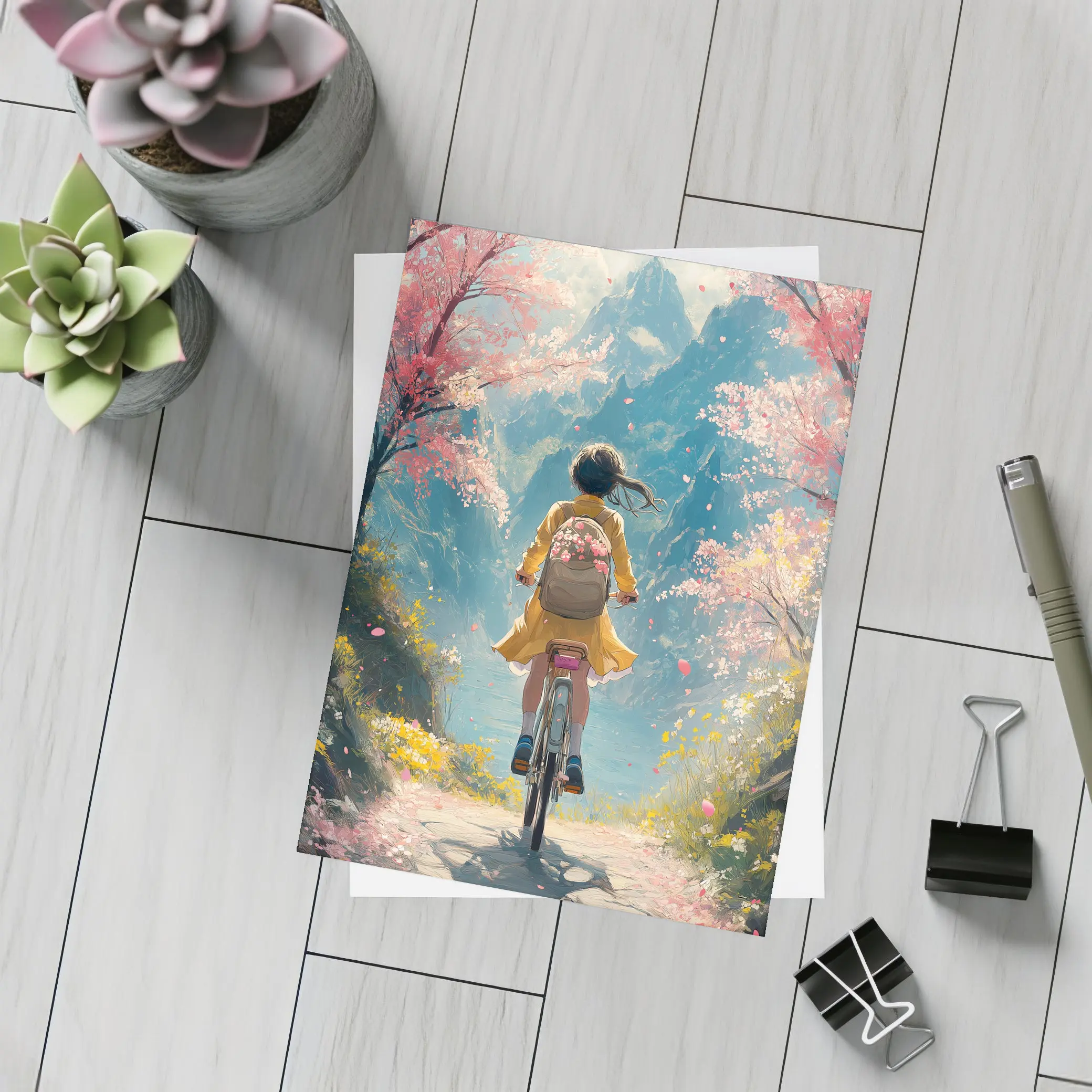 Anime Girl Cycling Cherry Blossom Mountain Path – Postcards
