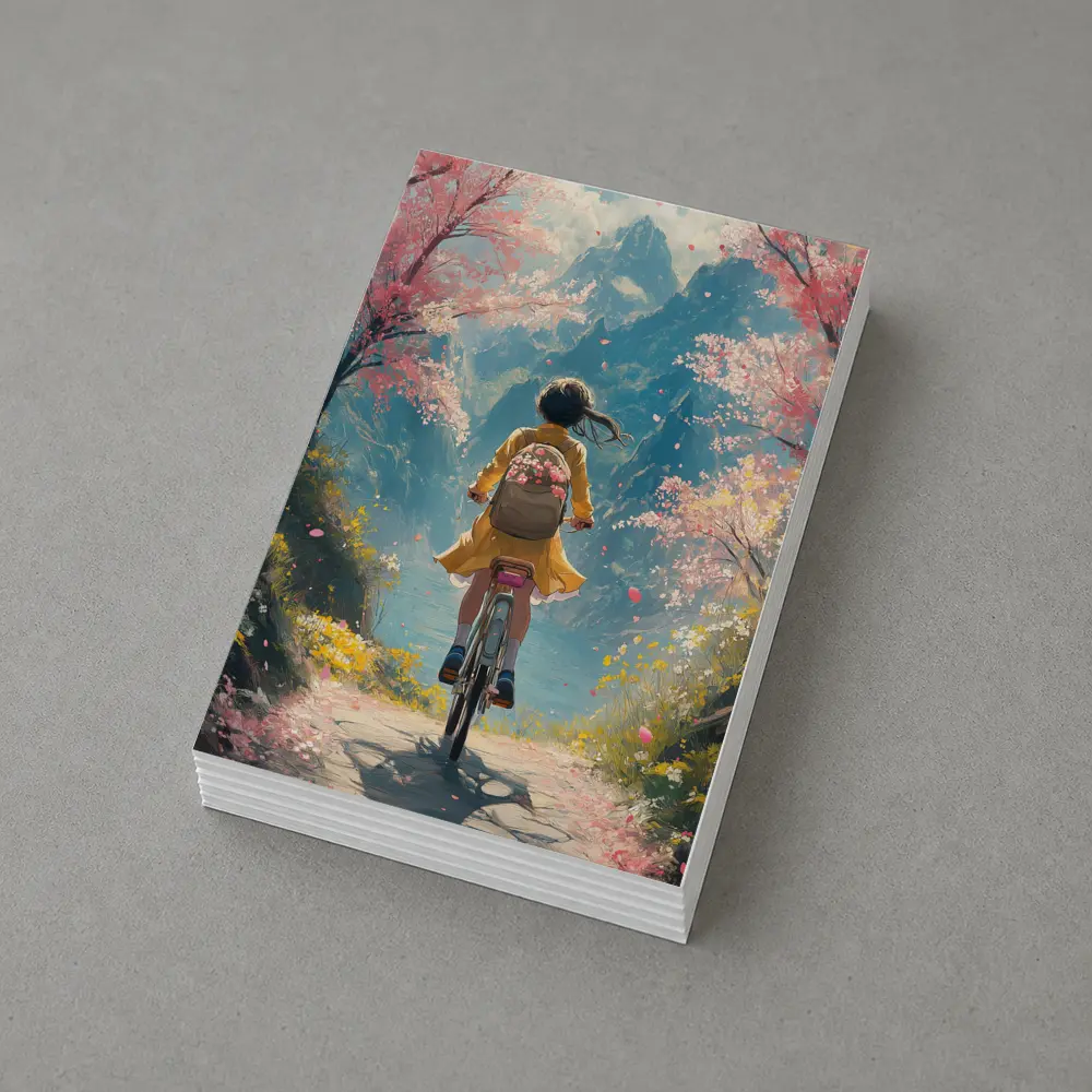 Anime Girl Cycling Cherry Blossom Mountain Path – Postcards