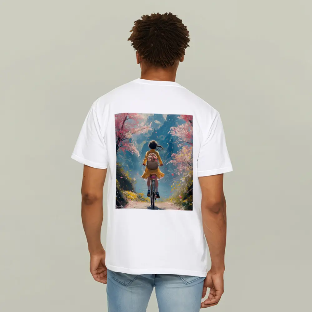 Anime Girl Cycling Cherry Blossom Mountain Path – T-Shirts