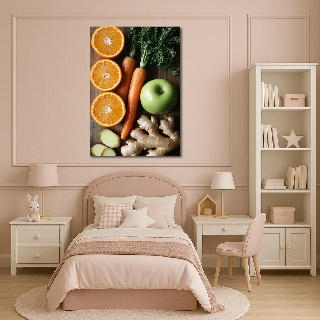 Fresh Oranges Carrots Apple Ginger Wooden Table – Wall Art