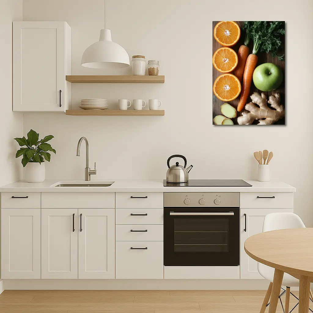 Fresh Oranges Carrots Apple Ginger Wooden Table – Wall Art