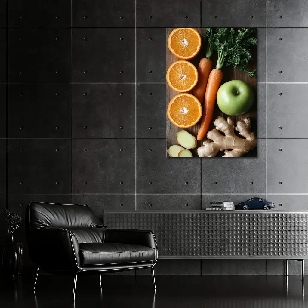 Fresh Oranges Carrots Apple Ginger Wooden Table – Wall Art