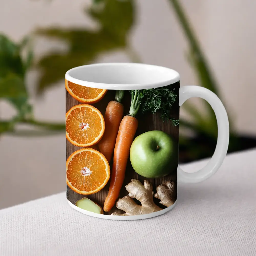 Fresh Oranges Carrots Apple Ginger Wooden Table – Mugs