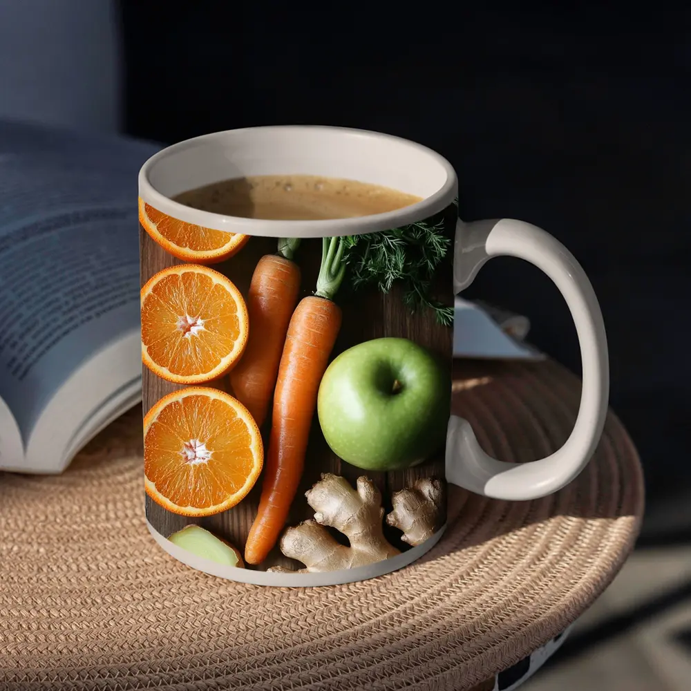 Fresh Oranges Carrots Apple Ginger Wooden Table – Mugs
