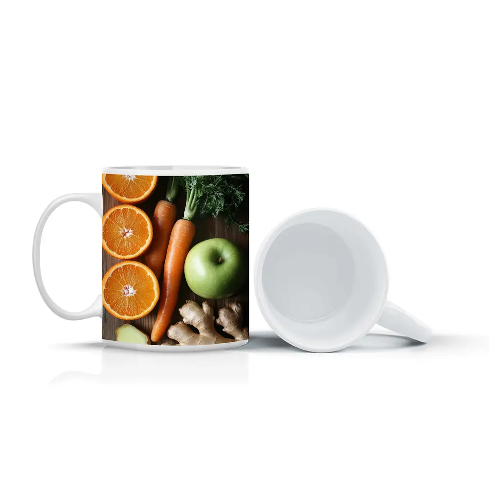 Fresh Oranges Carrots Apple Ginger Wooden Table – Mugs