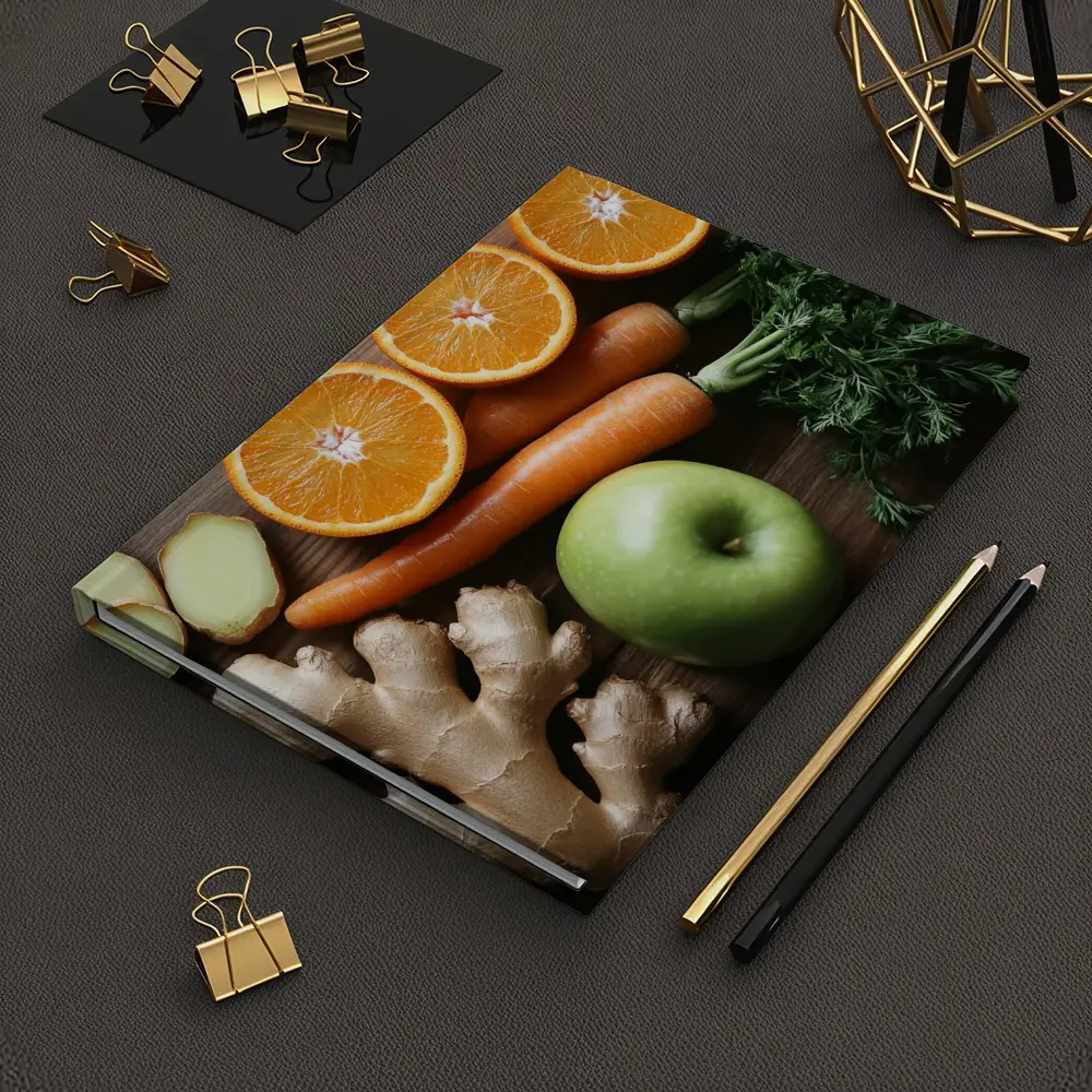 Fresh Oranges Carrots Apple Ginger Wooden Table – Notebooks
