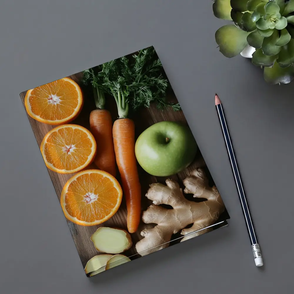 Fresh Oranges Carrots Apple Ginger Wooden Table – Notebooks
