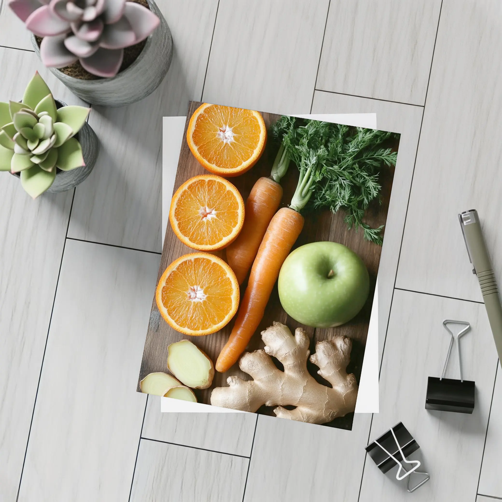 Fresh Oranges Carrots Apple Ginger Wooden Table – Postcards