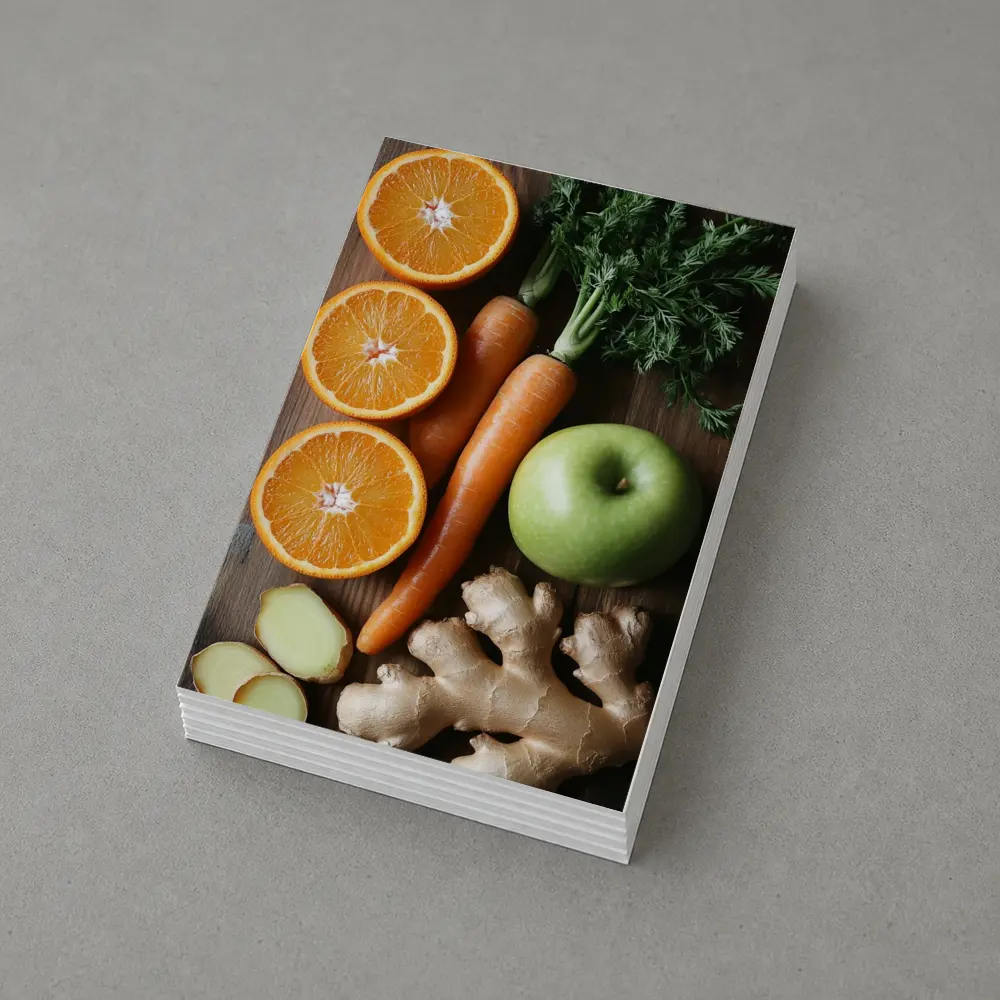 Fresh Oranges Carrots Apple Ginger Wooden Table – Postcards