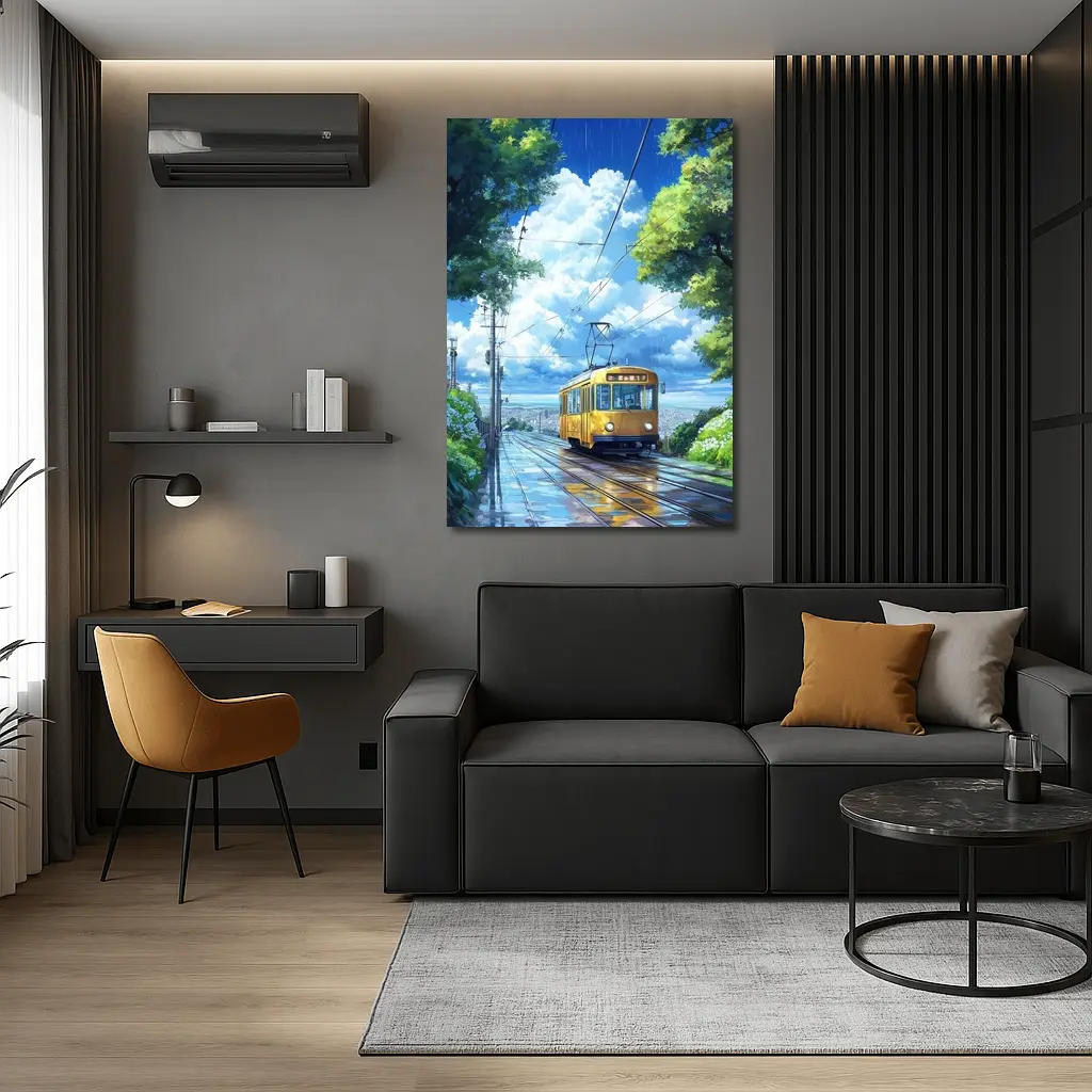 Yellow Tram Anime Rainy City Street Art – Wall Art
