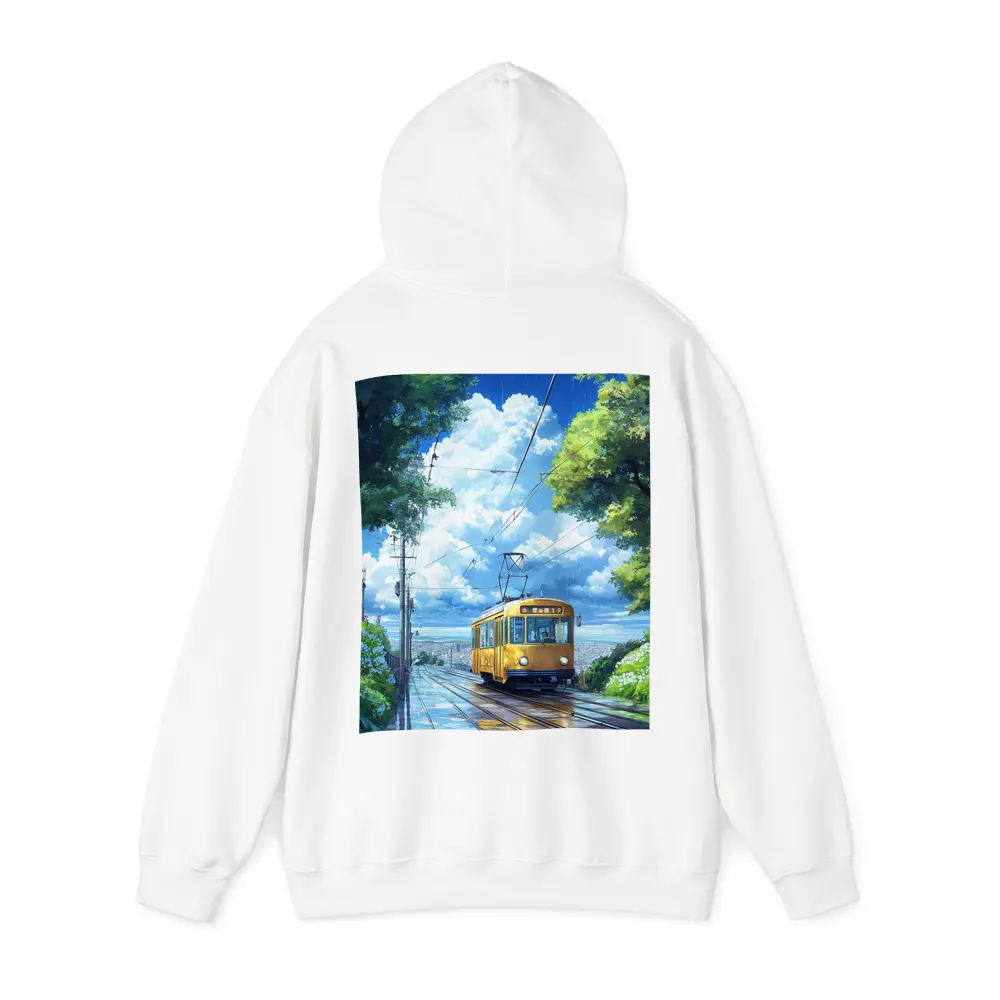 Yellow Tram Anime Rainy City Street Art – Hoodies