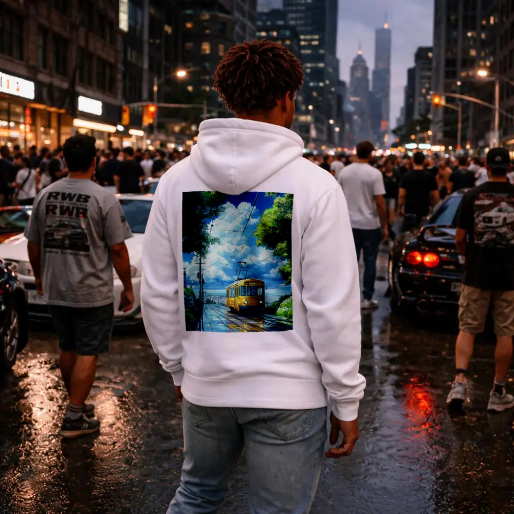 Yellow Tram Anime Rainy City Street Art – Hoodies