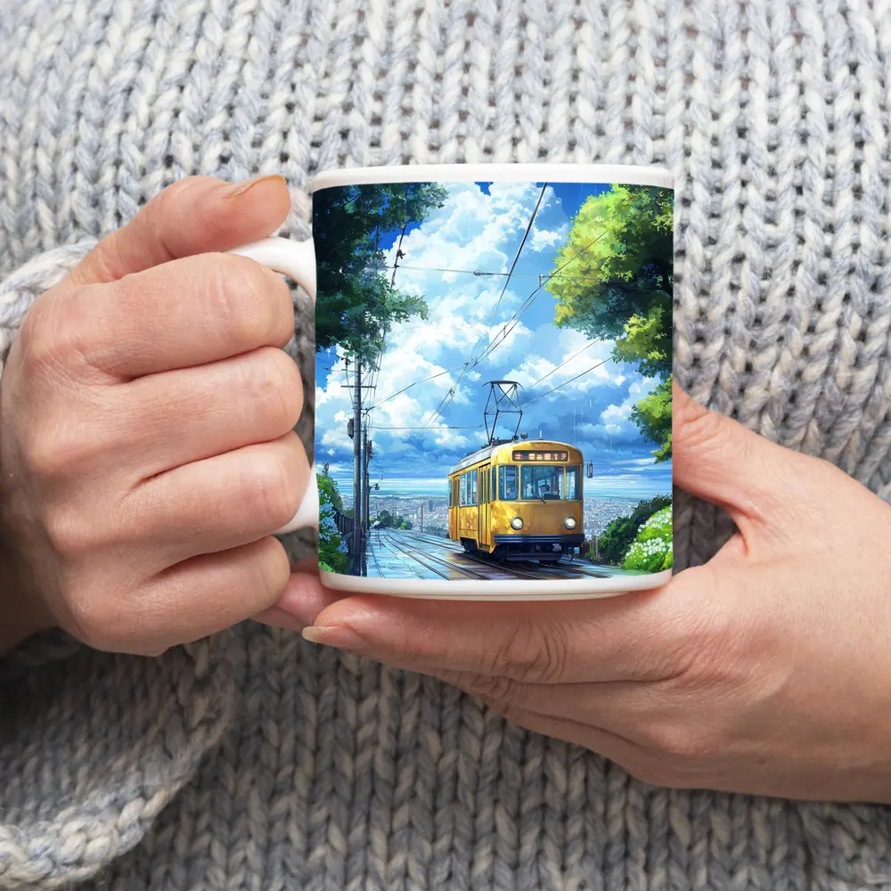 Yellow Tram Anime Rainy City Street Art – Mugs