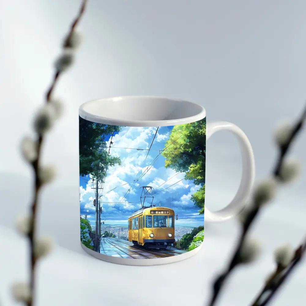 Yellow Tram Anime Rainy City Street Art – Mugs
