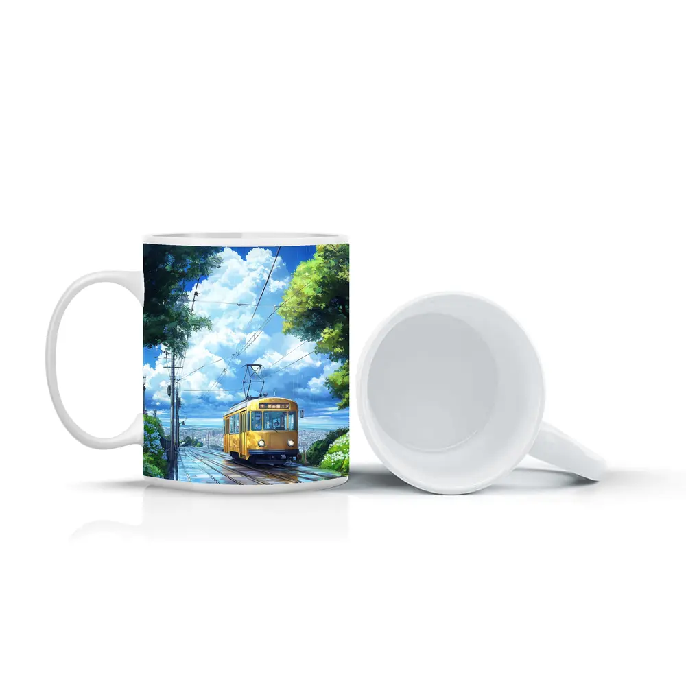 Yellow Tram Anime Rainy City Street Art – Mugs