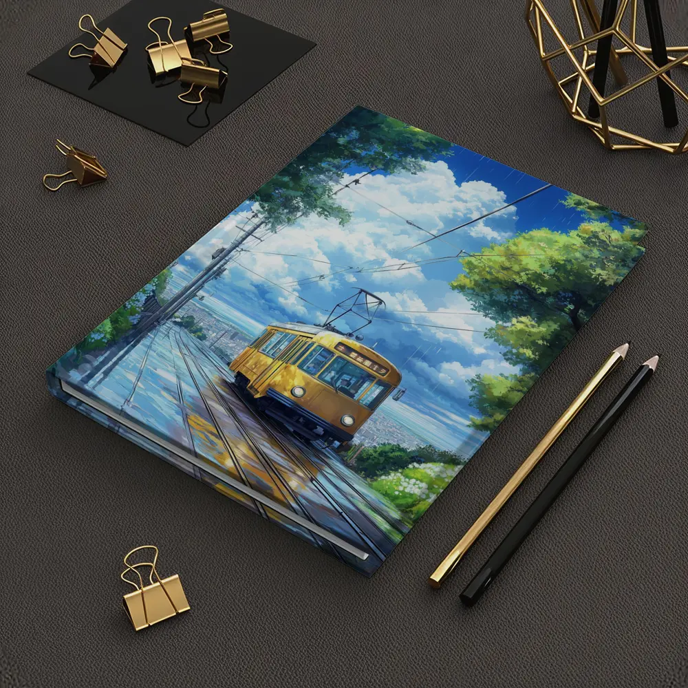 Yellow Tram Anime Rainy City Street Art – Notebooks