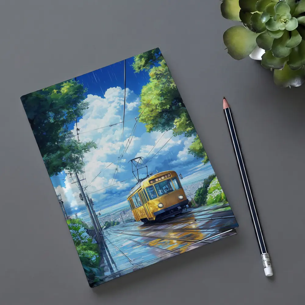 Yellow Tram Anime Rainy City Street Art – Notebooks