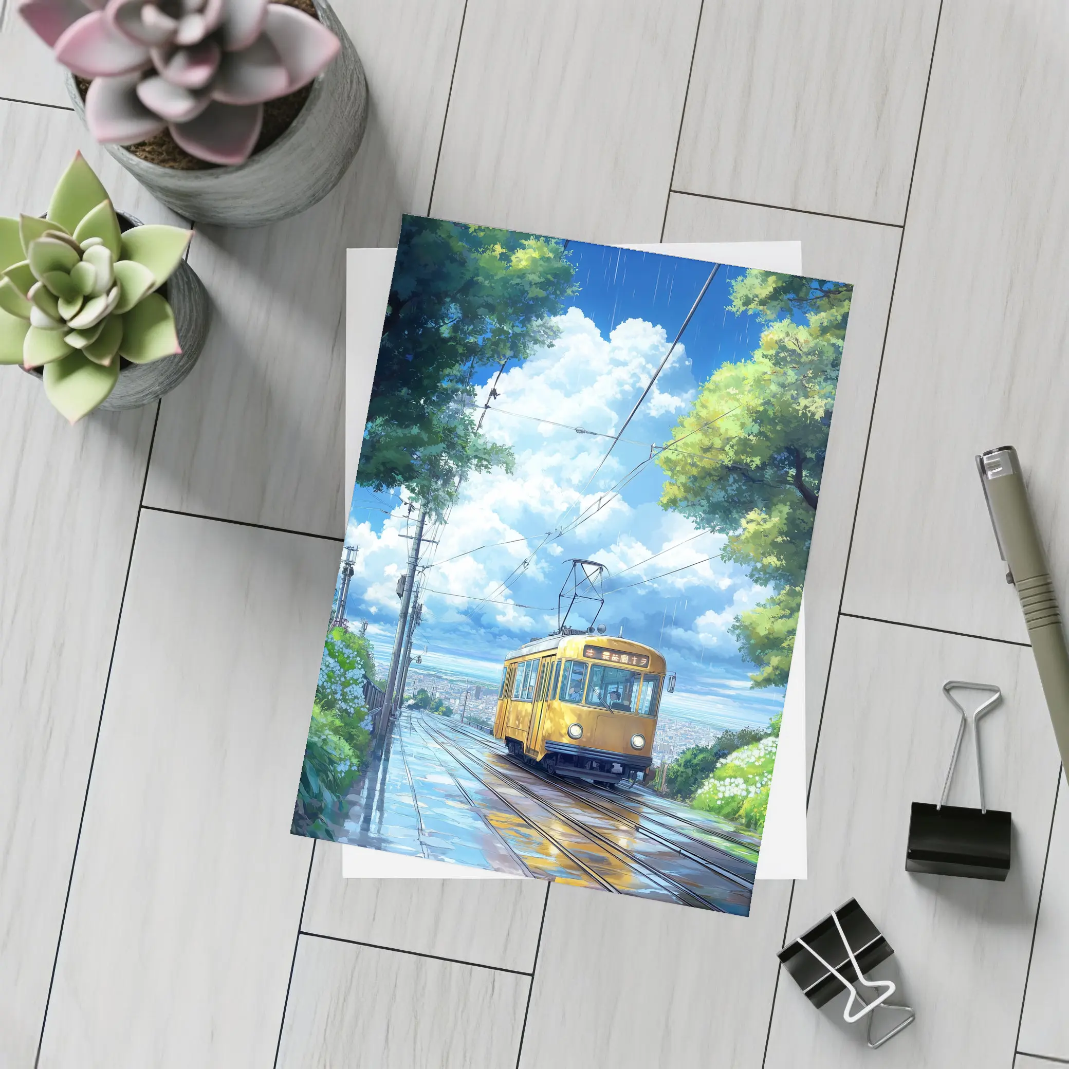 Yellow Tram Anime Rainy City Street Art – Postcards