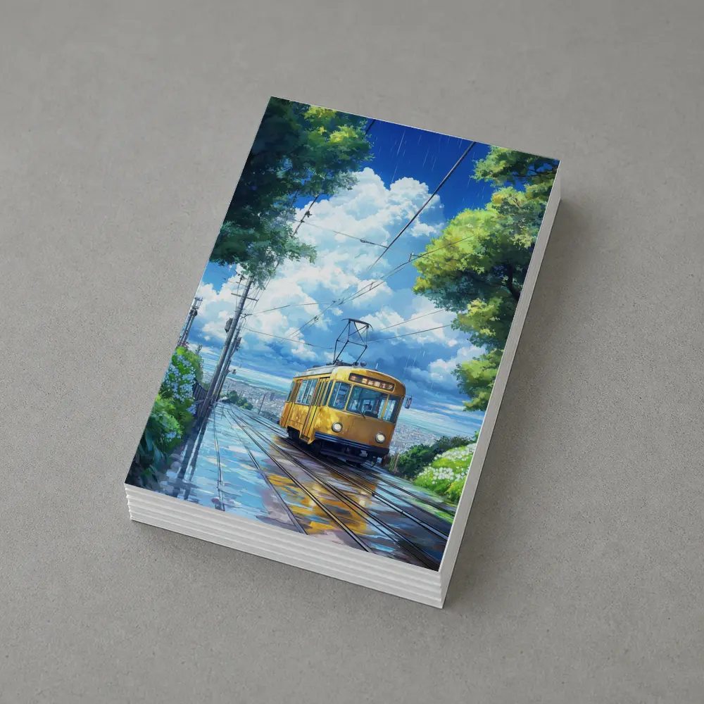 Yellow Tram Anime Rainy City Street Art – Postcards