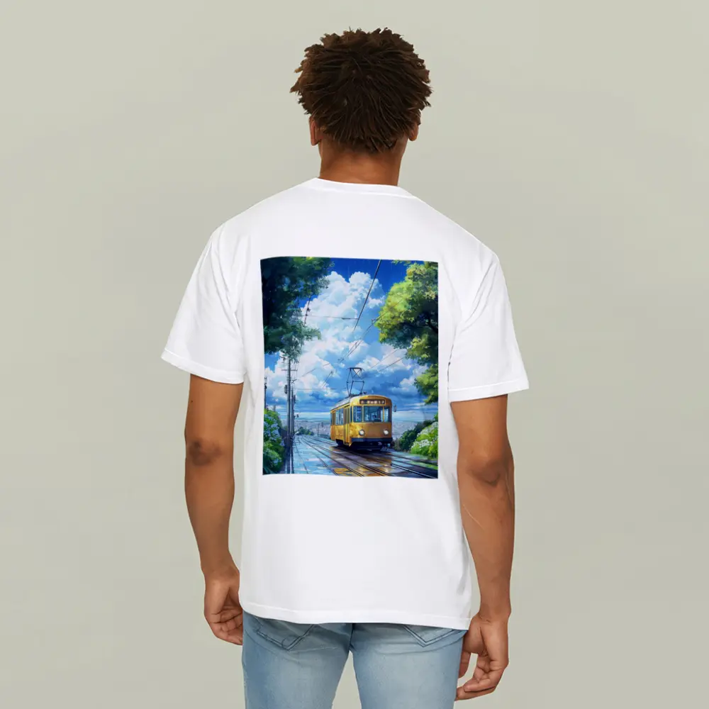 Yellow Tram Anime Rainy City Street Art – T-Shirts