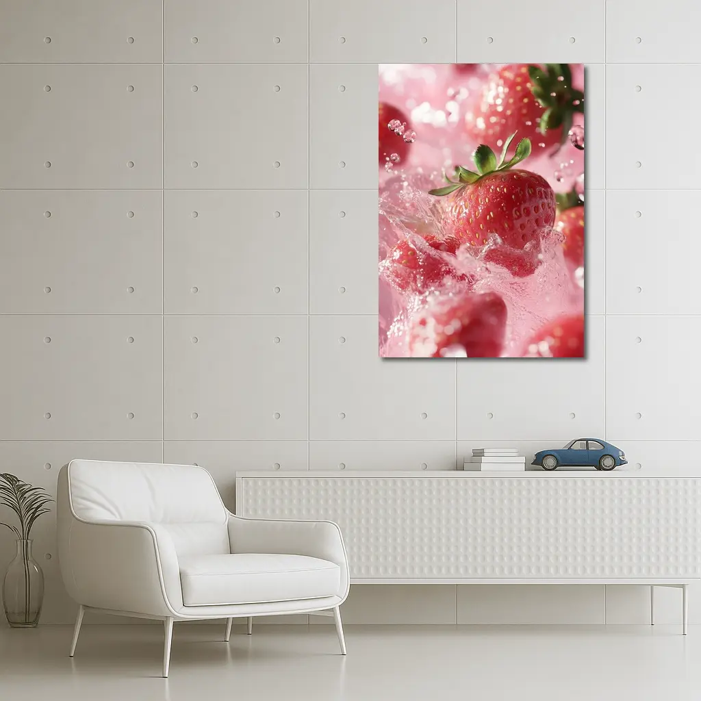 Fresh Strawberries Splashing in Pink Water – Wall Art