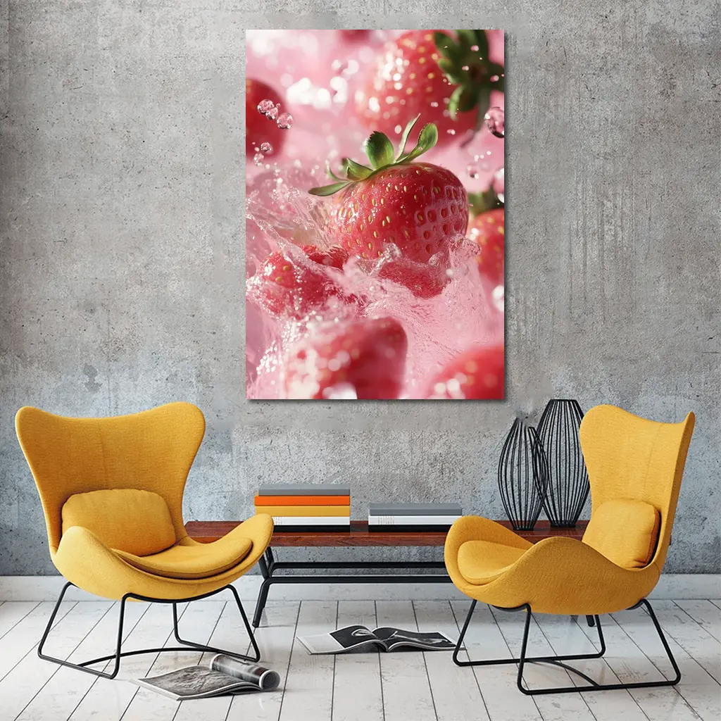 Fresh Strawberries Splashing in Pink Water – Wall Art