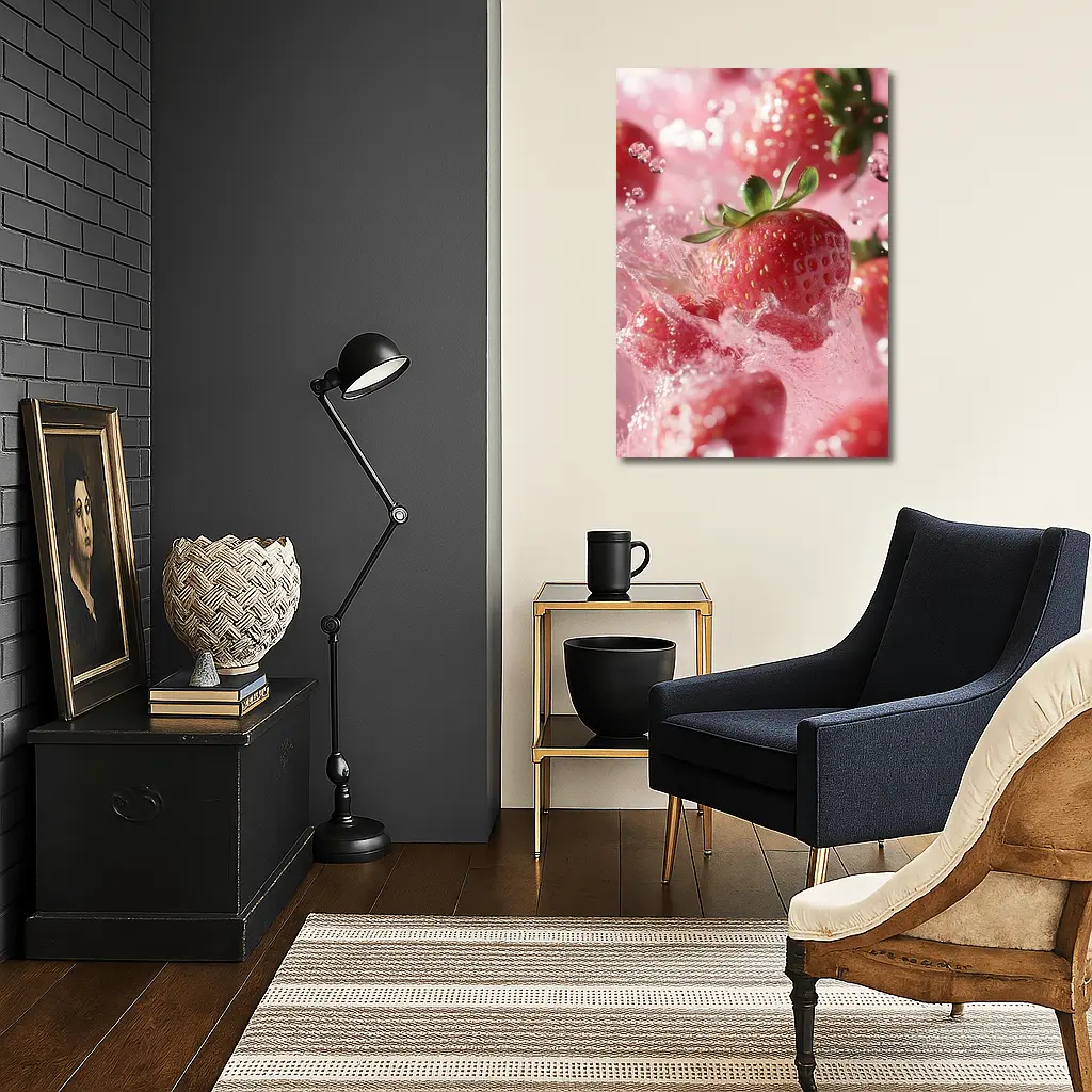 Fresh Strawberries Splashing in Pink Water – Wall Art