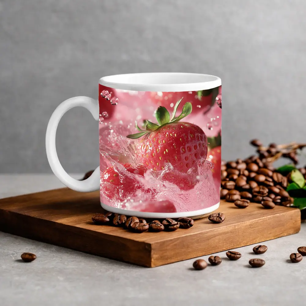 Fresh Strawberries Splashing in Pink Water – Mugs