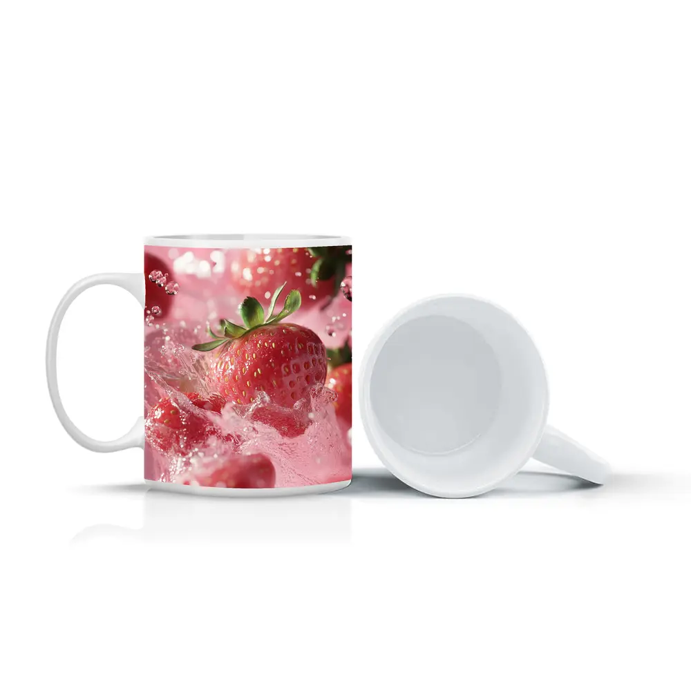 Fresh Strawberries Splashing in Pink Water – Mugs