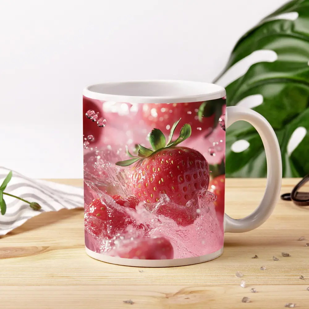 Fresh Strawberries Splashing in Pink Water – Mugs