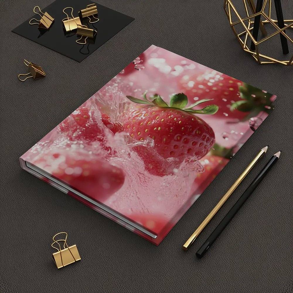 Fresh Strawberries Splashing in Pink Water – Notebooks