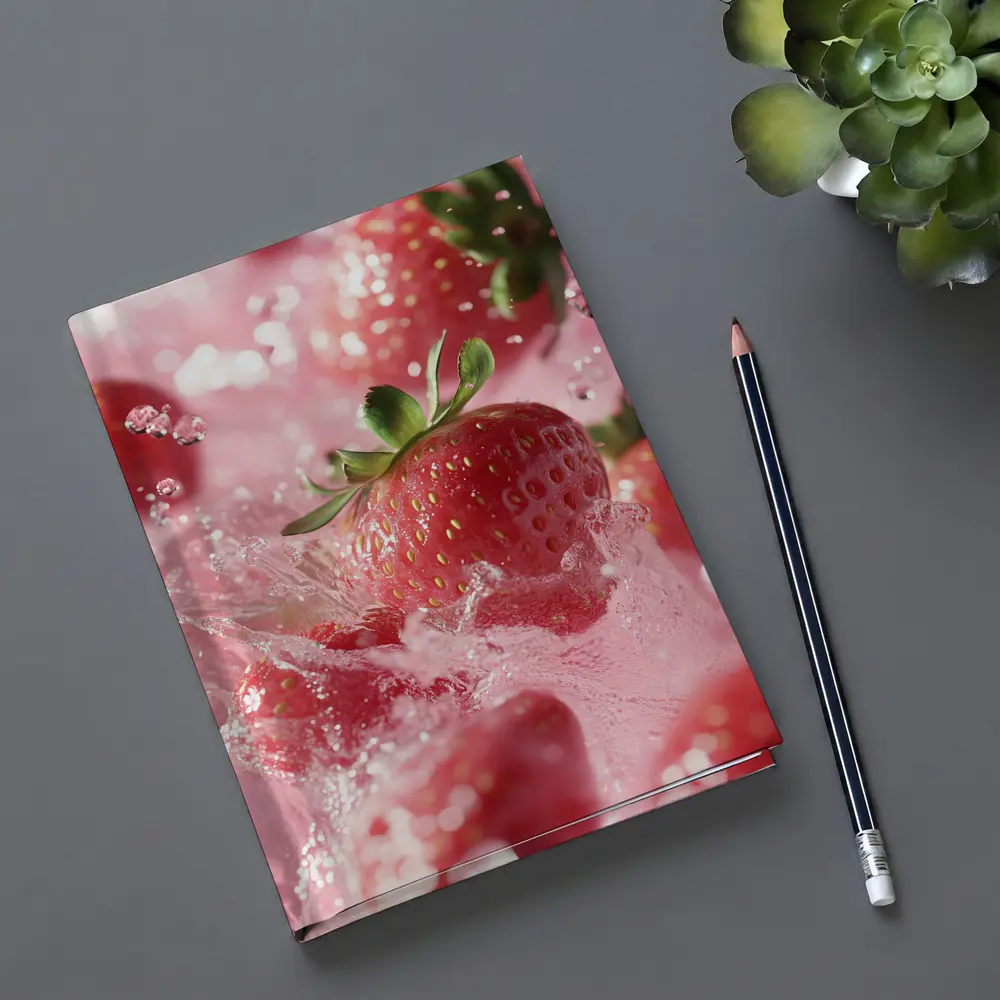 Fresh Strawberries Splashing in Pink Water – Notebooks