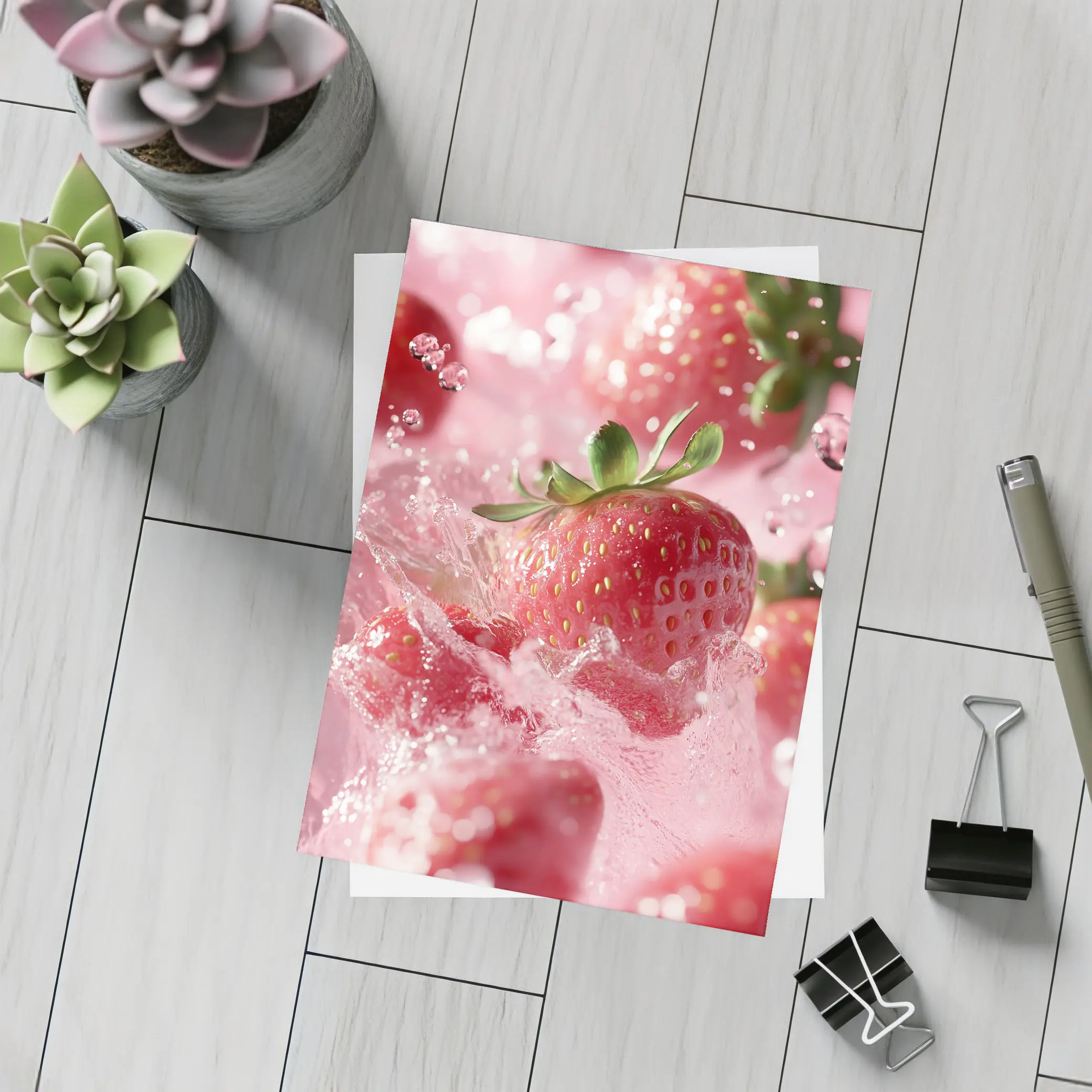 Fresh Strawberries Splashing in Pink Water – Postcards
