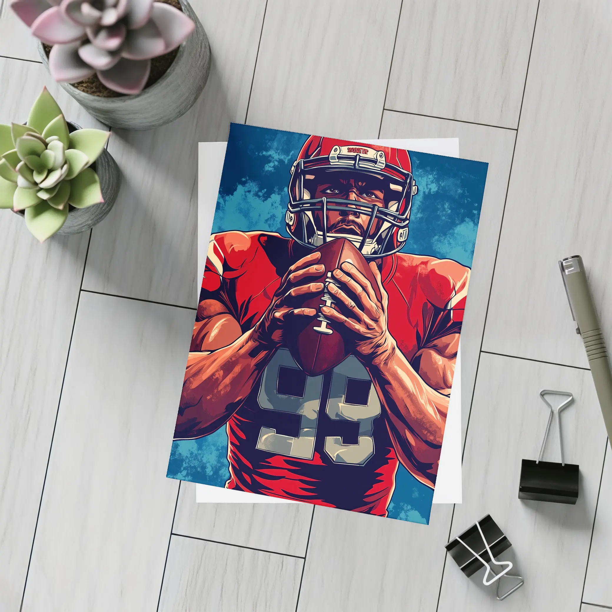 NFL Football Player Red Uniform Blue Background – Postcards