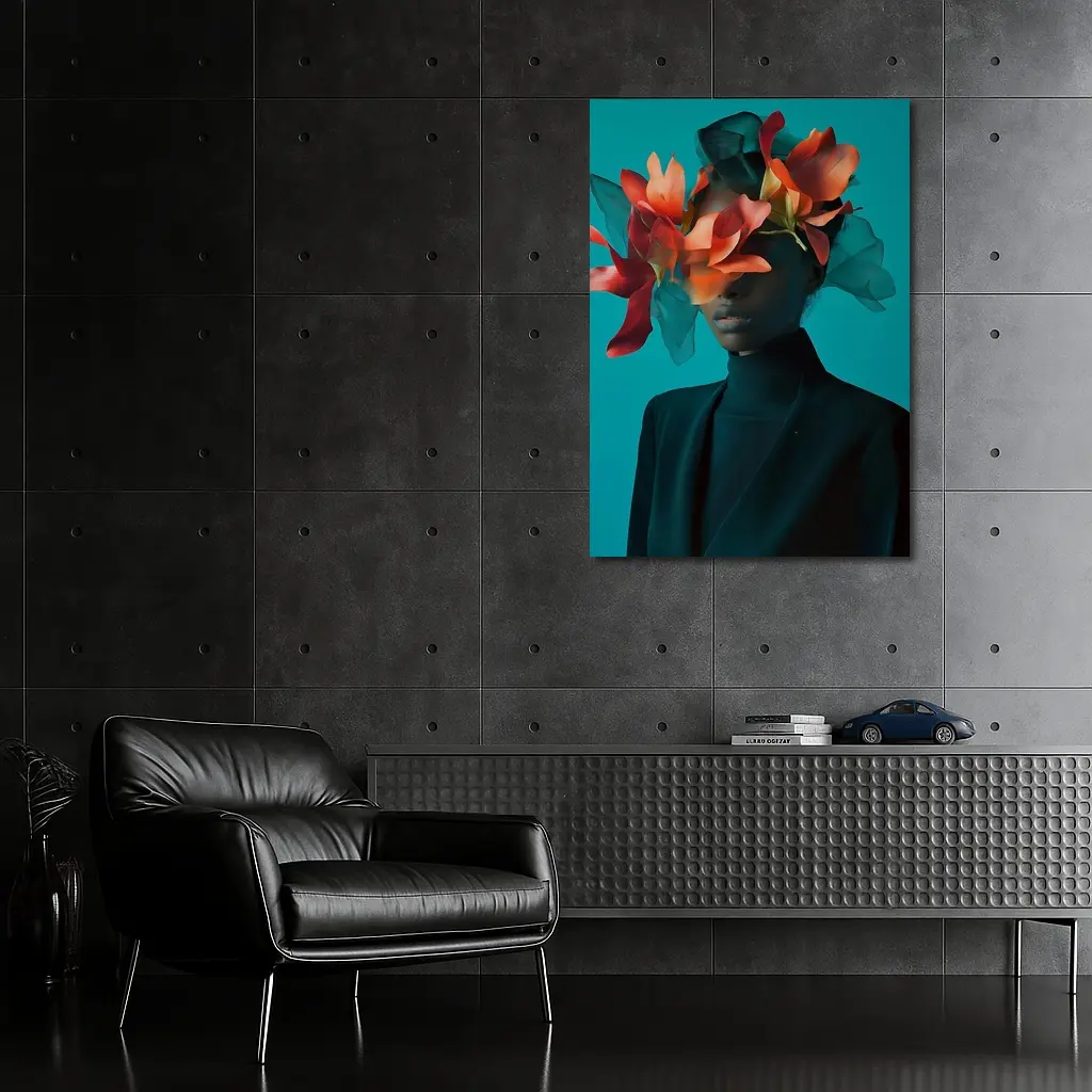 Woman With Orange Flowers Teal Background – Wall Art