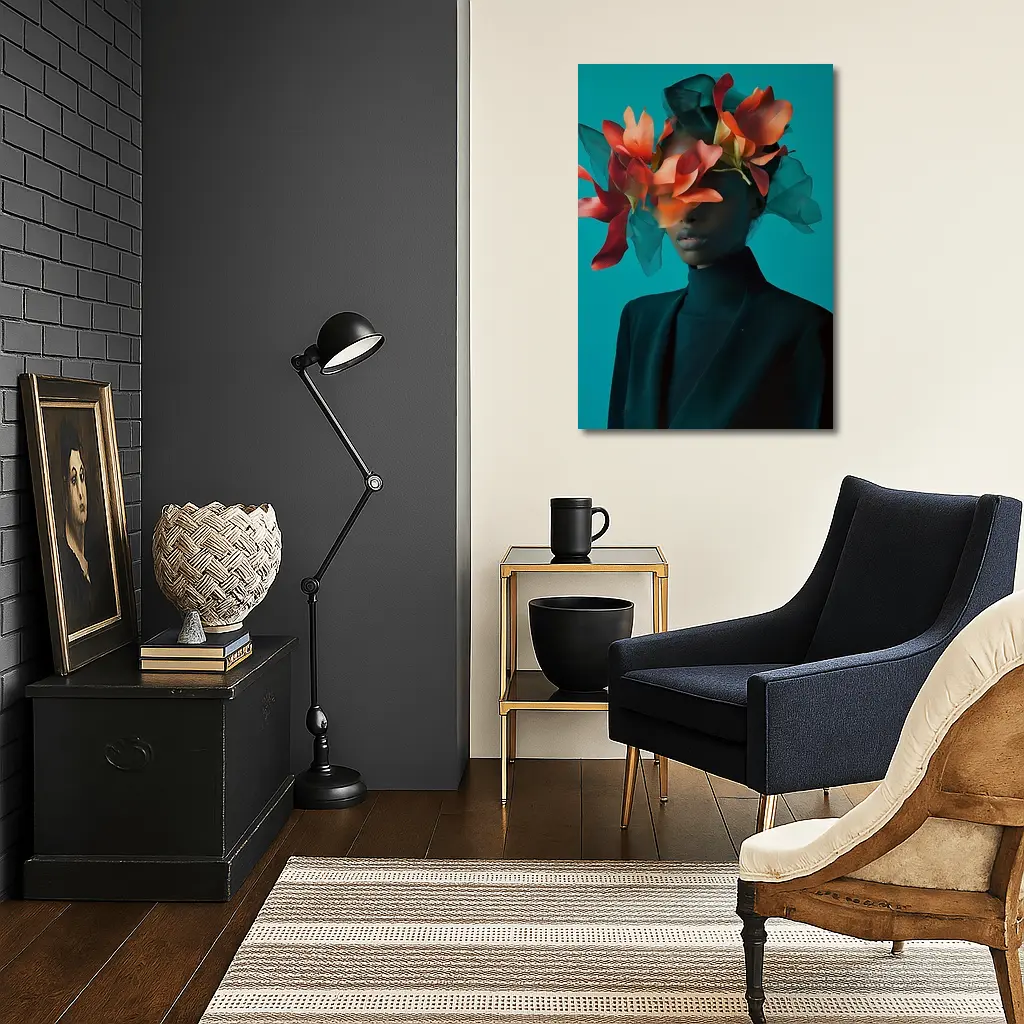 Woman With Orange Flowers Teal Background – Wall Art