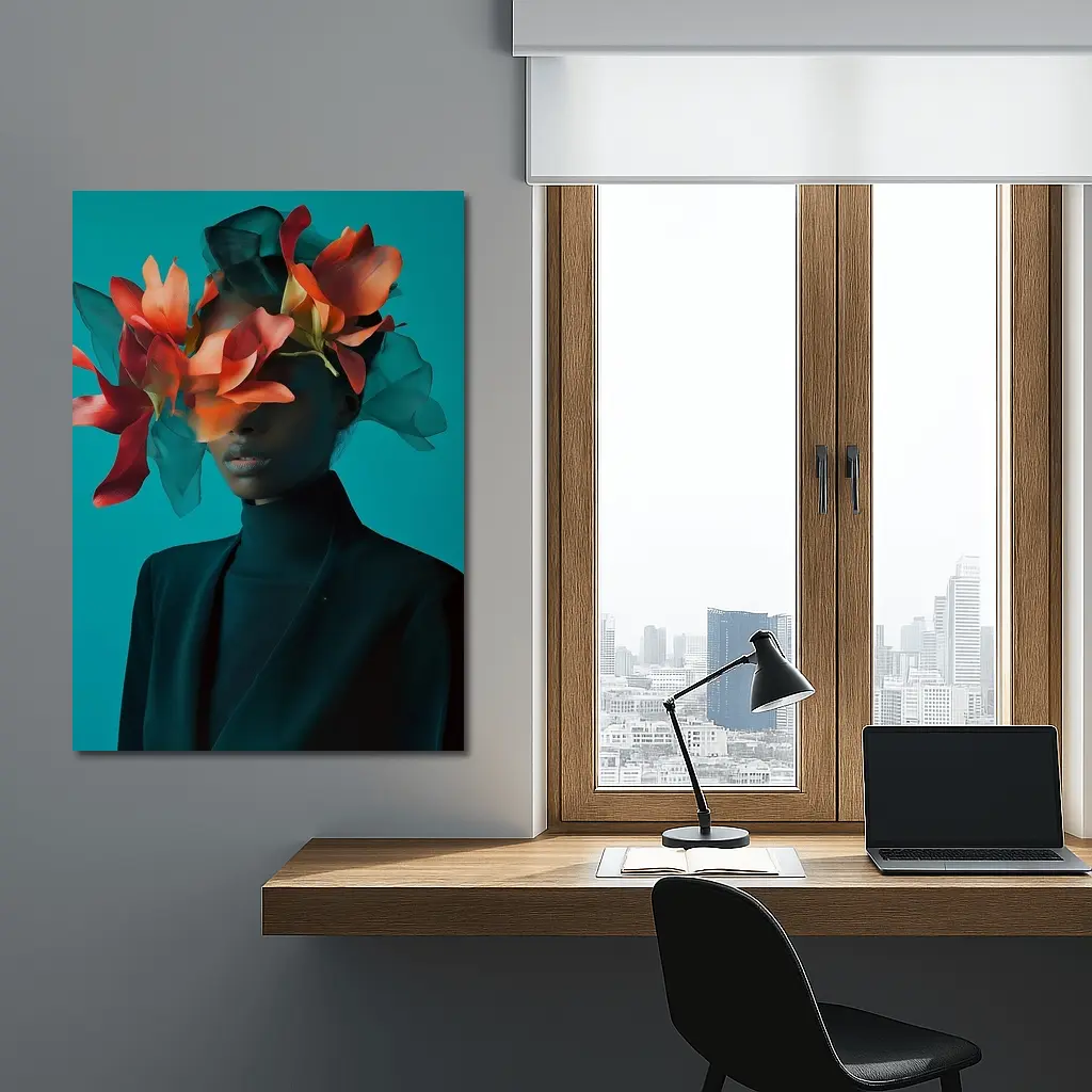 Woman With Orange Flowers Teal Background – Wall Art