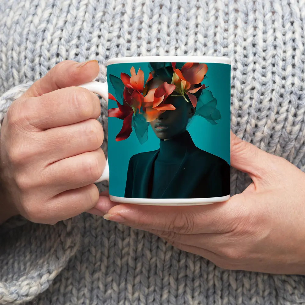 Woman With Orange Flowers Teal Background – Mugs