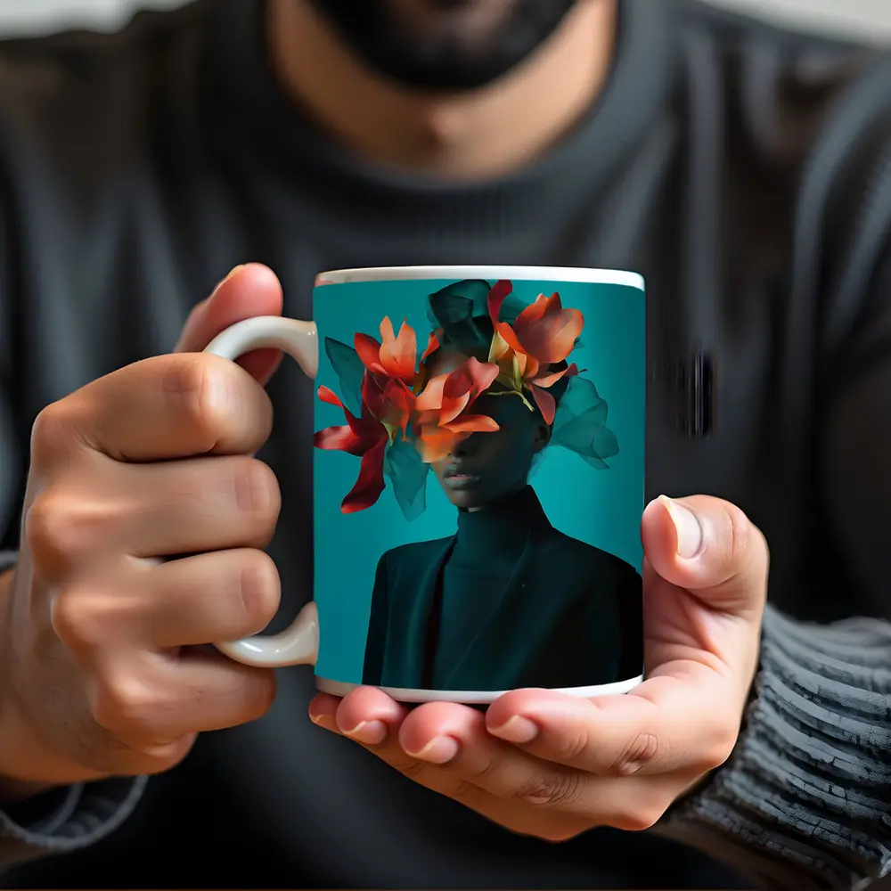 Woman With Orange Flowers Teal Background – Mugs