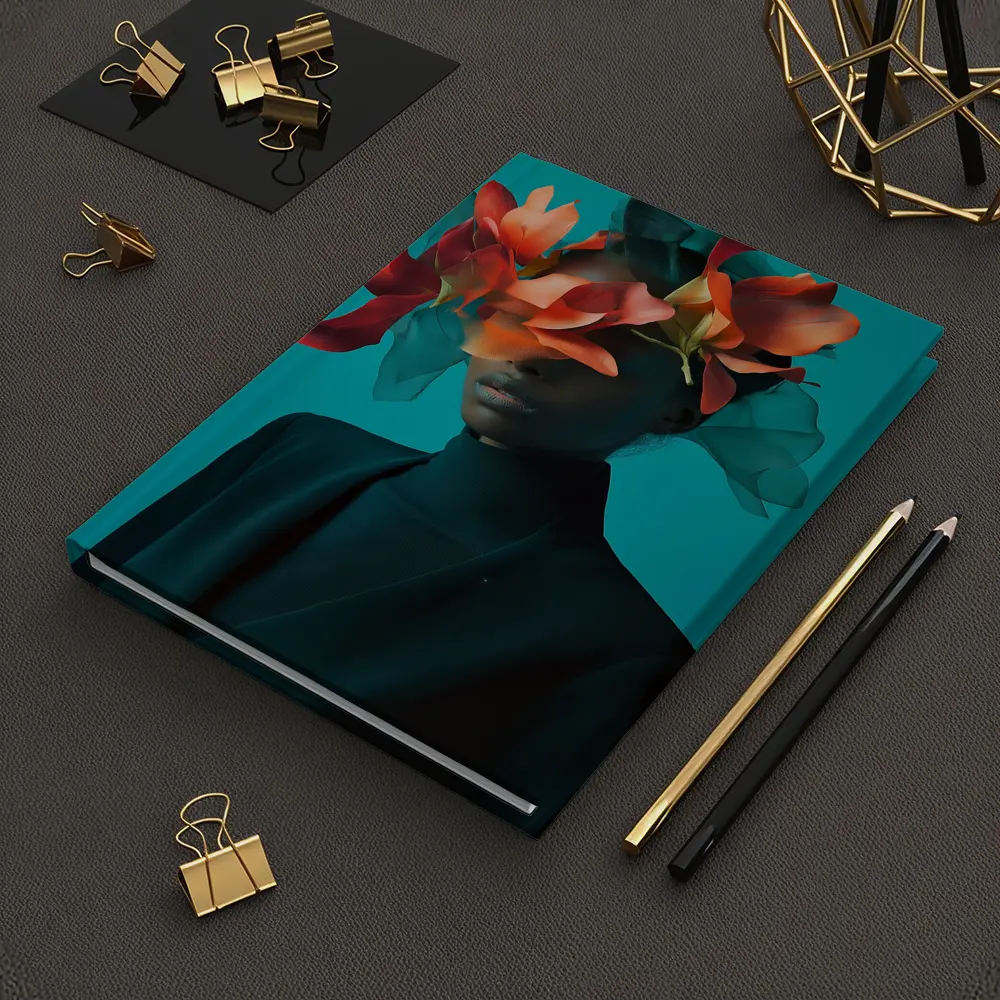 Woman With Orange Flowers Teal Background – Notebooks