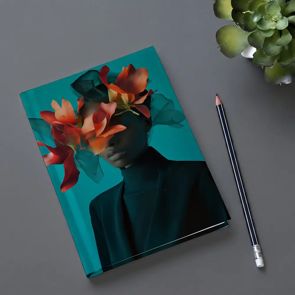 Woman With Orange Flowers Teal Background – Notebooks