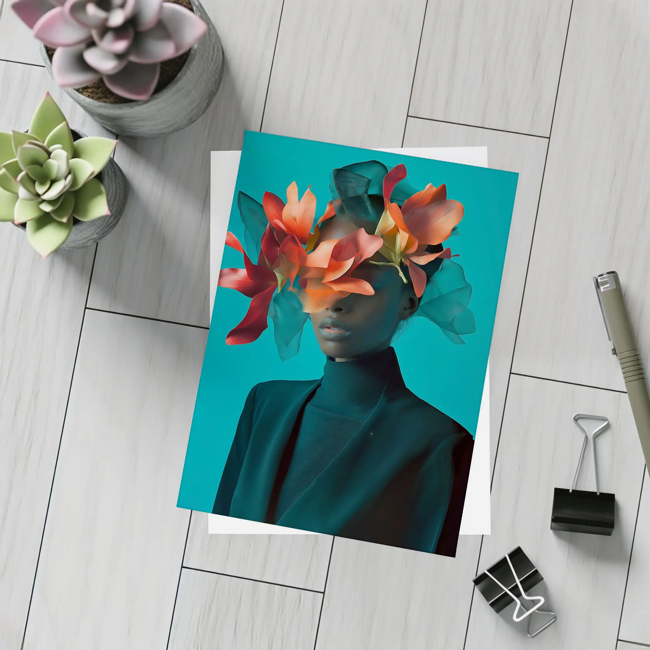 Woman With Orange Flowers Teal Background – Postcards