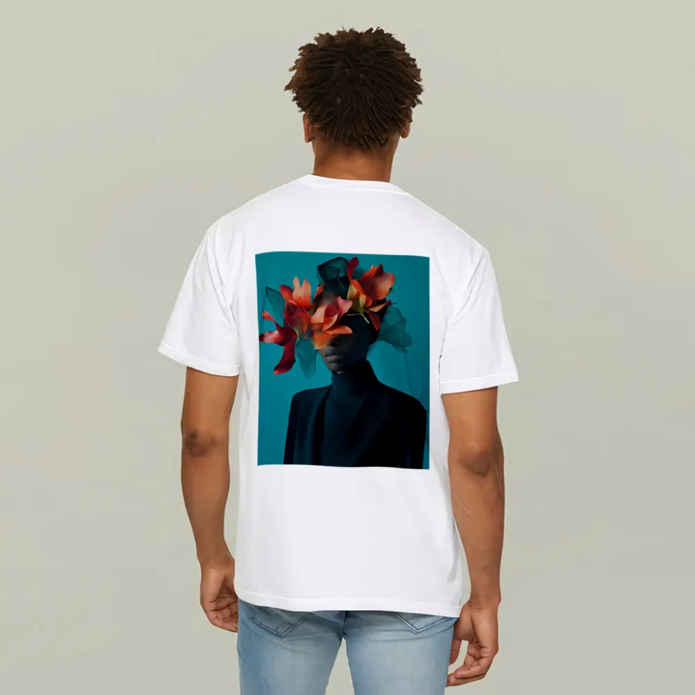 Woman With Orange Flowers Teal Background – T-Shirts