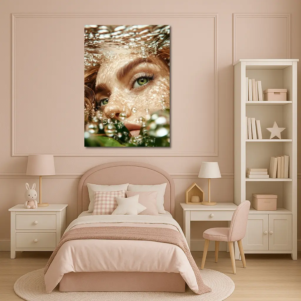 Woman Green Eyes Underwater Water Bubbles – Wall Art