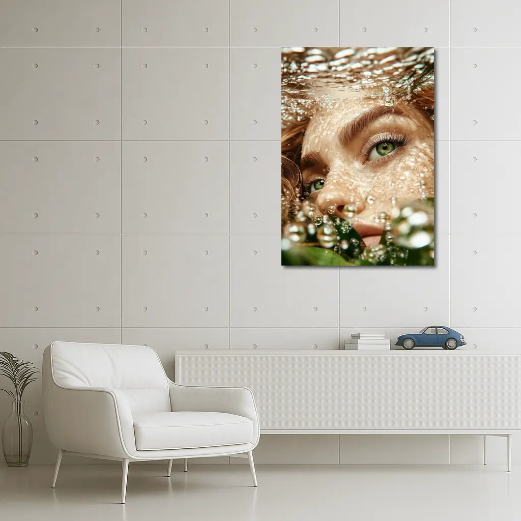 Woman Green Eyes Underwater Water Bubbles – Wall Art