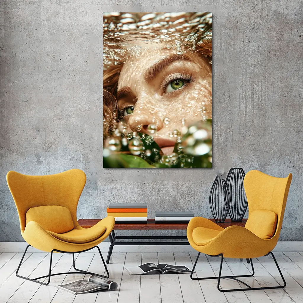 Woman Green Eyes Underwater Water Bubbles – Wall Art