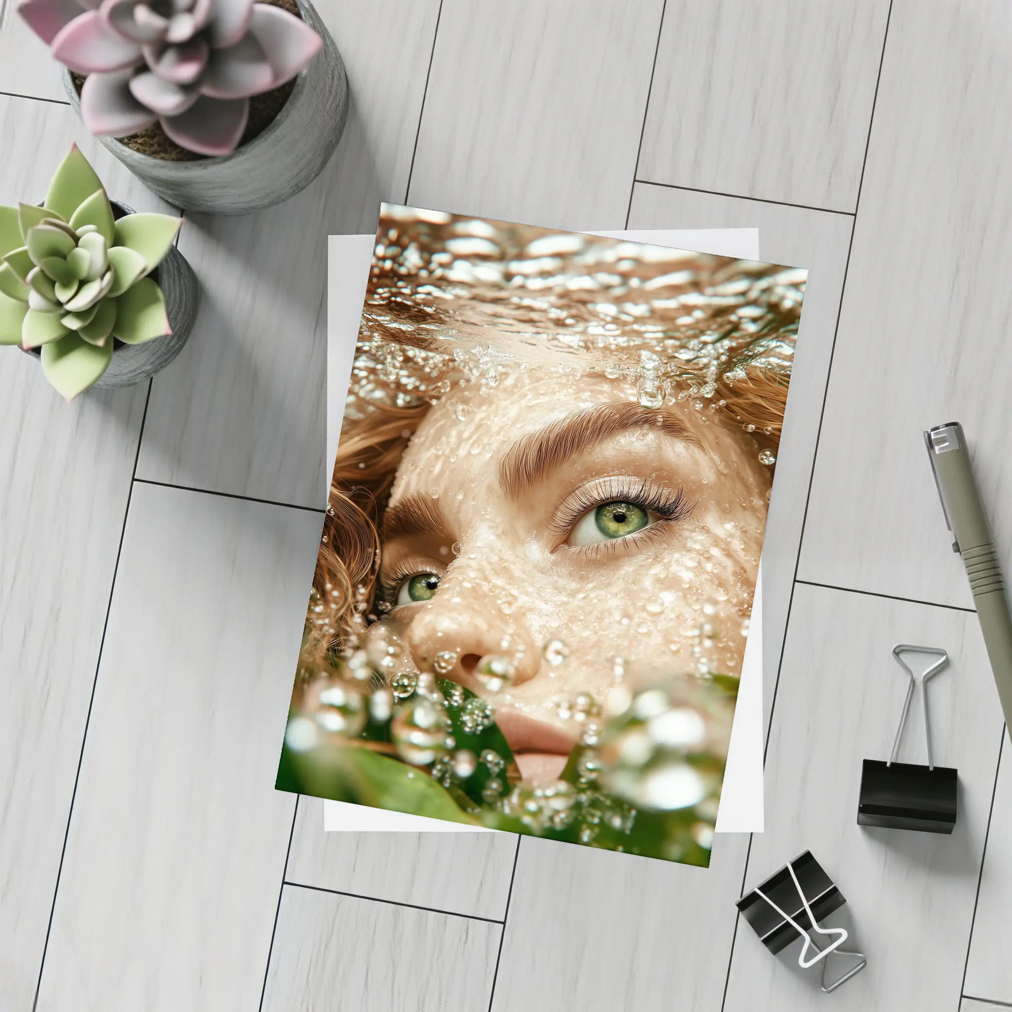 Woman Green Eyes Underwater Water Bubbles – Postcards