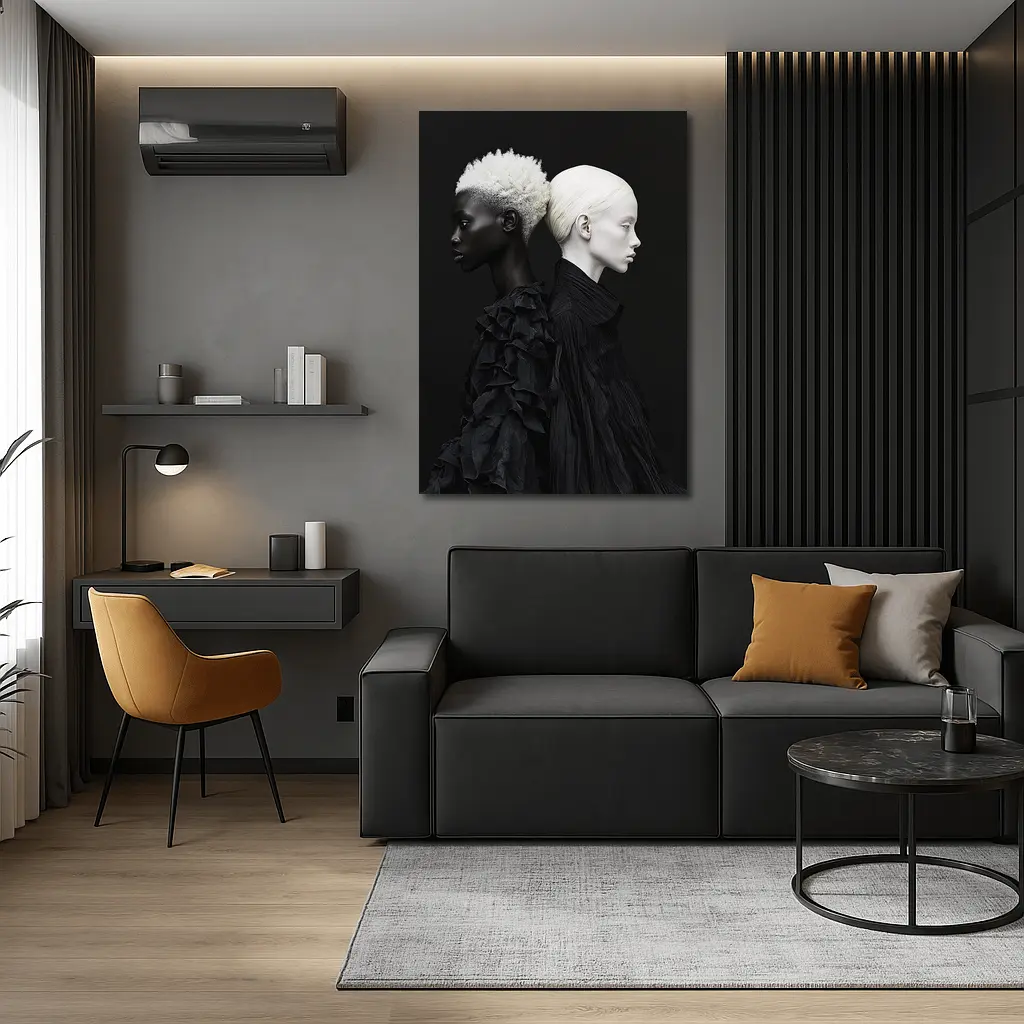 Two Women Black Fashion Portrait Dark Background – Wall Art