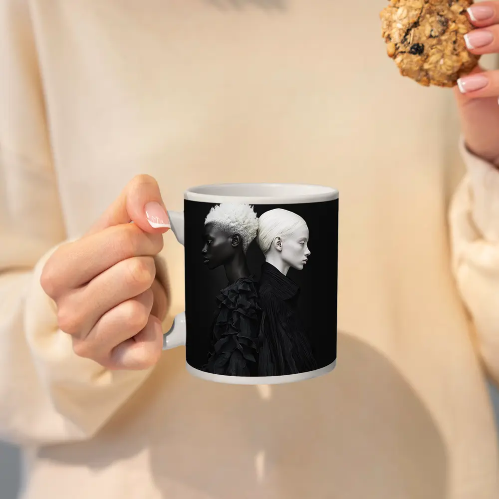 Two Women Black Fashion Portrait Dark Background – Mugs