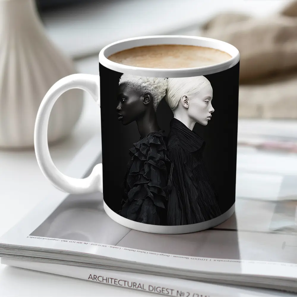 Two Women Black Fashion Portrait Dark Background – Mugs